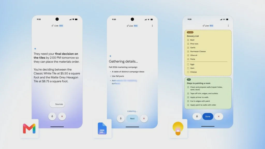 Giao diện tính năng giọng nói AI trên Gmail, Docs và Keep