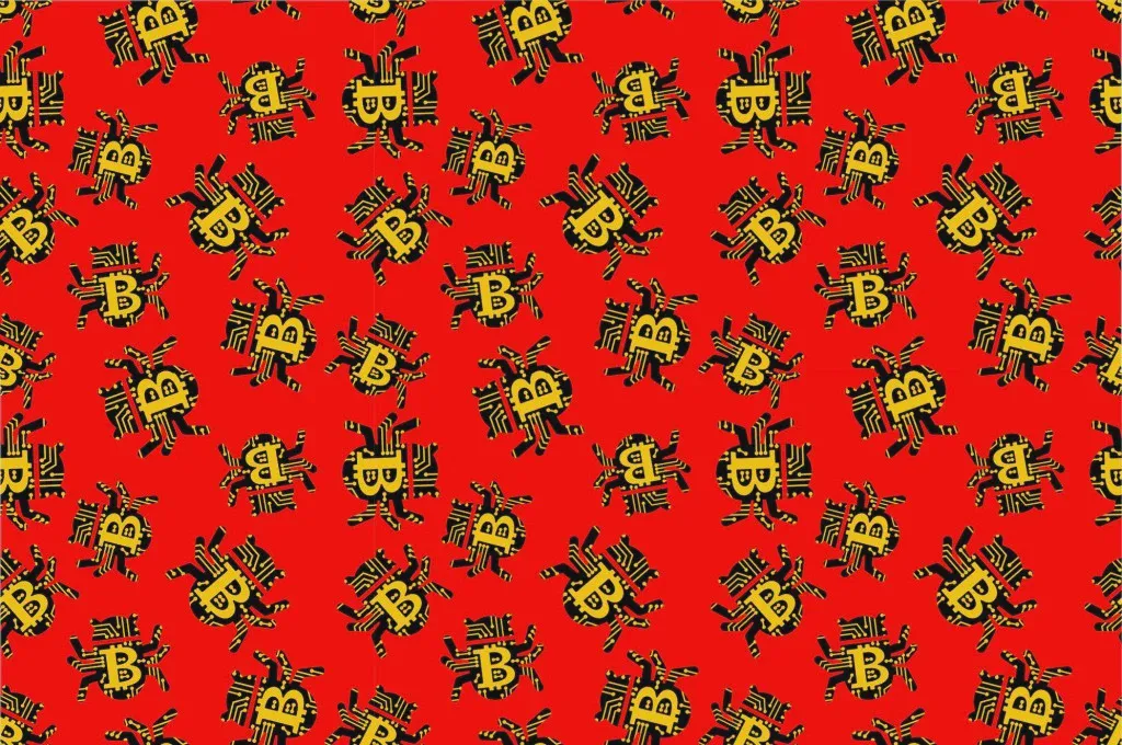 Biểu tượng bitcoin giữa mô hình mã độc màu xanh