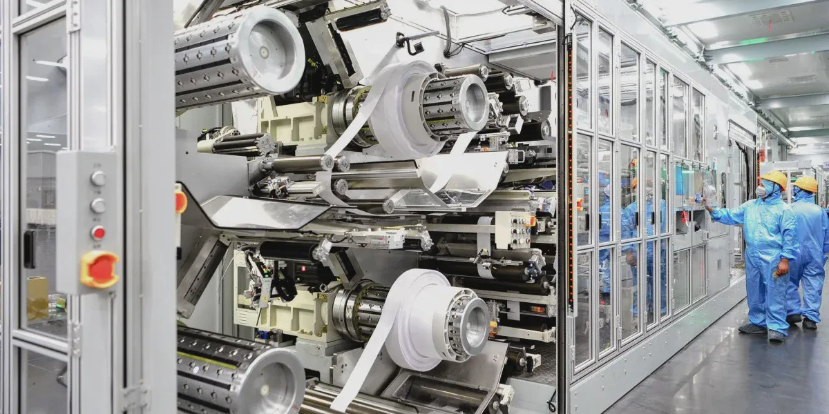 Hai công nhân quan sát dây chuyền sản xuất pin lithium trong nhà máy