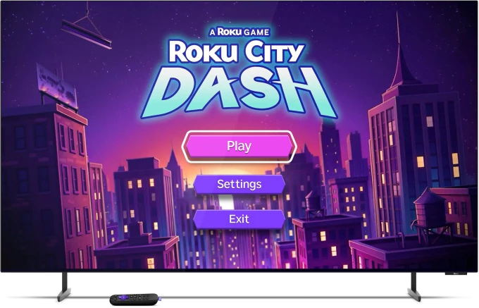 Trò chơi Roku Dash với vật thể bay trên thành phố màu tím