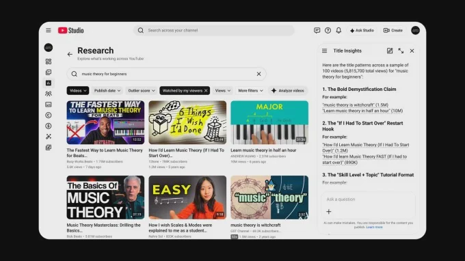 Màn hình nghiên cứu và phân tích nội dung trong YouTube Studio