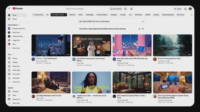 Giao diện tạo bảng tin YouTube riêng bằng câu lệnh văn bản
