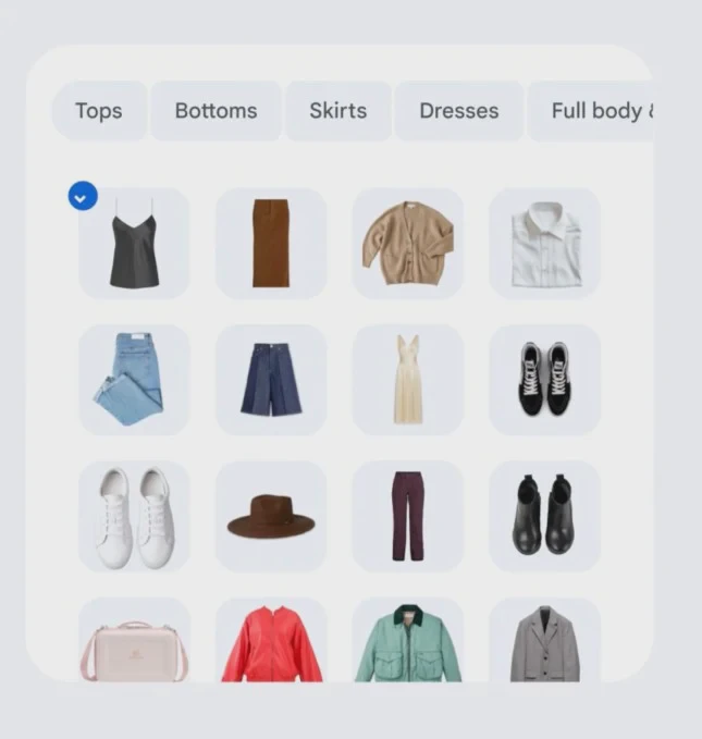 Giao diện tủ đồ ảo phân loại trang phục trong Google Photos