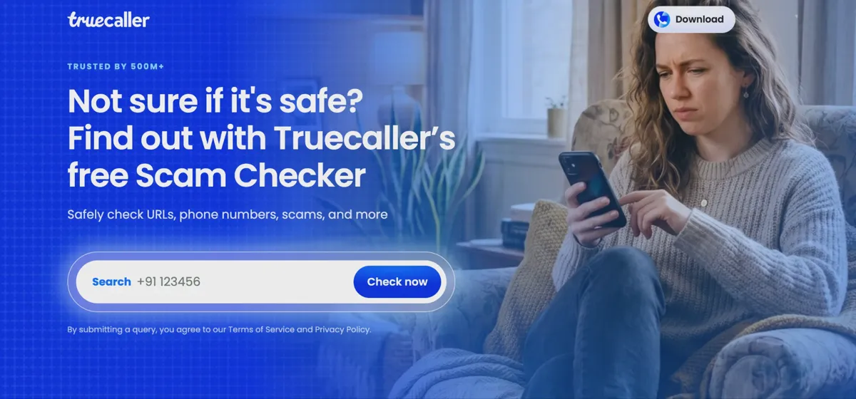 Giao diện kiểm tra dấu hiệu lừa đảo của Truecaller trên web
