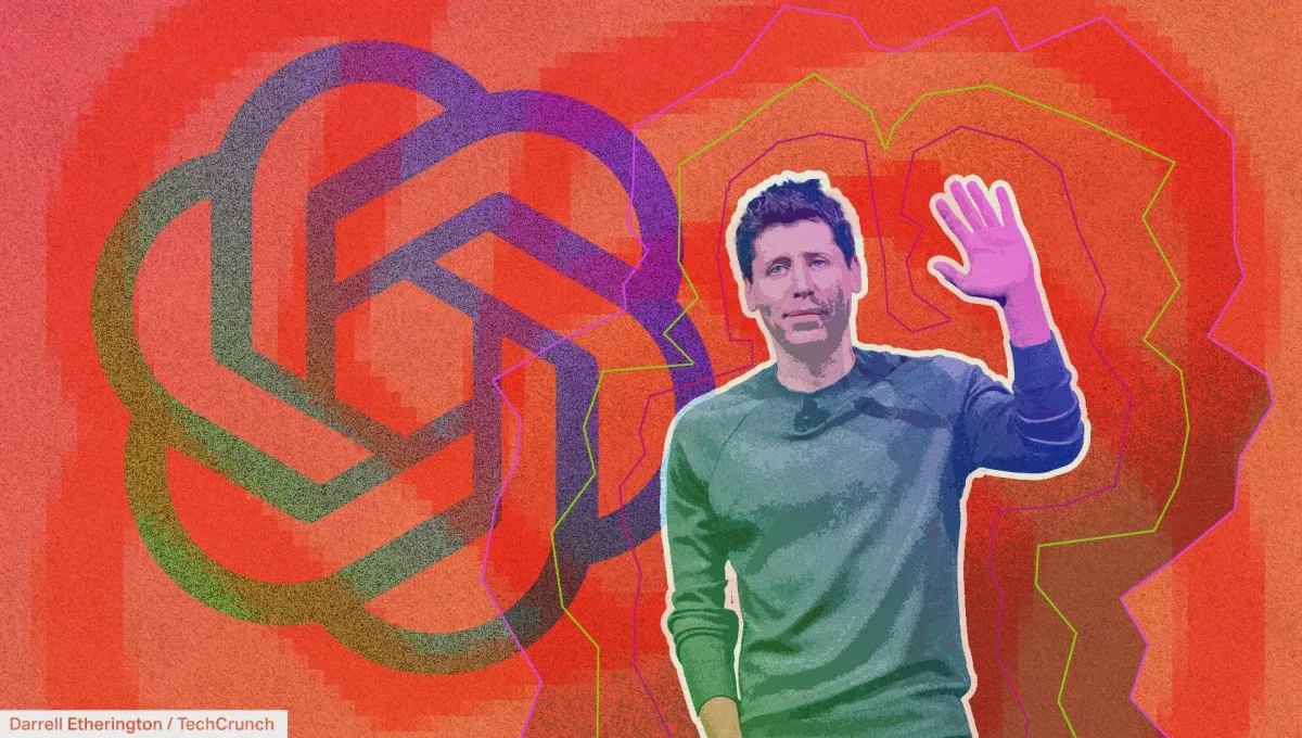 Sam Altman đứng trước biểu trưng OpenAI