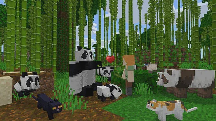 Khung cảnh gồm các khối vuông đặc trưng trong trò chơi Minecraft
