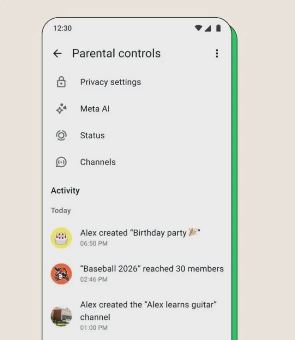 Màn hình WhatsApp hiển thị các lựa chọn kiểm soát của phụ huynh