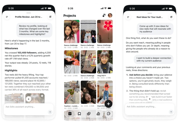Trợ lý AI trong ứng dụng Edits phân tích video Instagram