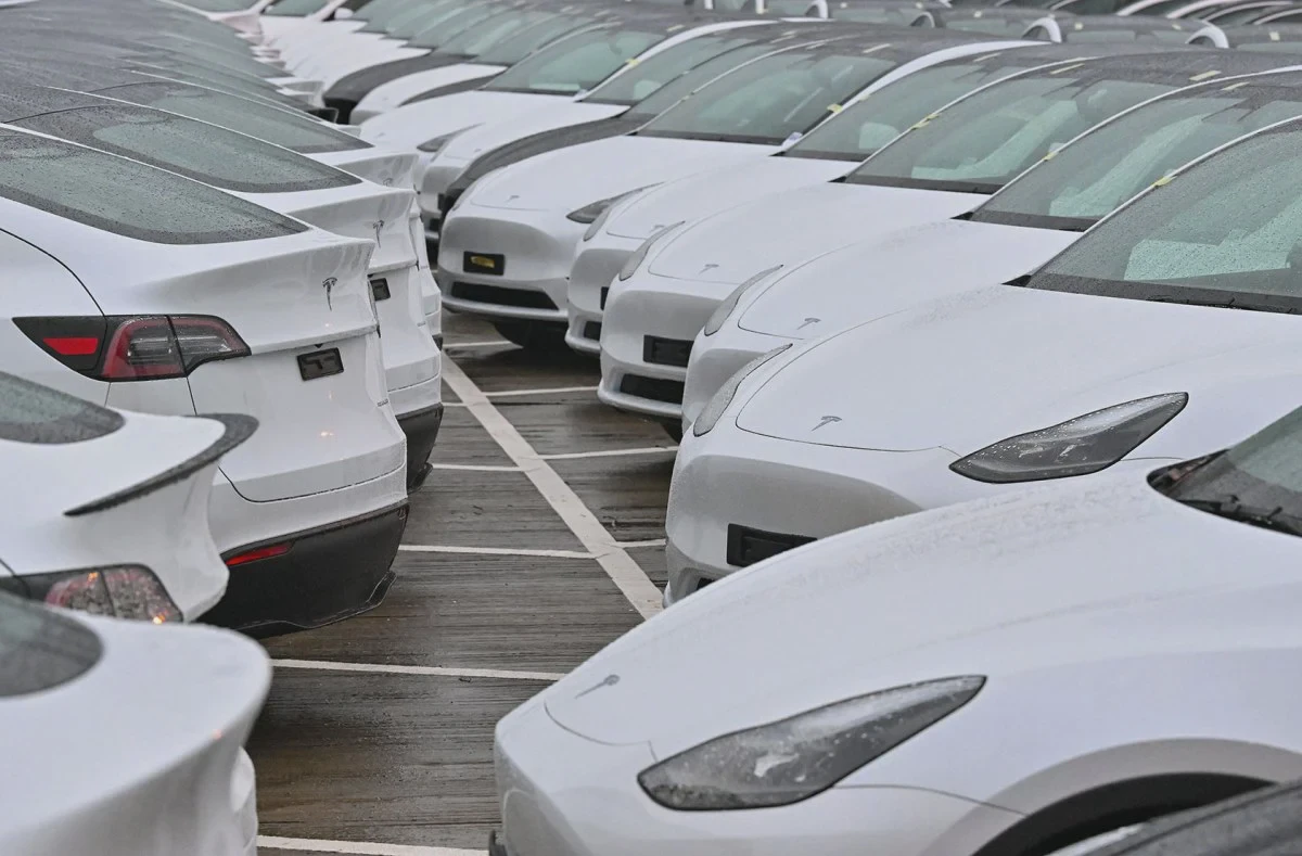 Các xe điện Tesla Model Y đỗ tại một bãi xe ở Đức