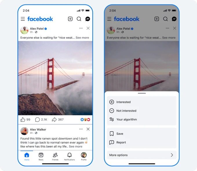 Màn hình Facebook hiển thị các lựa chọn quản lý nội dung đề xuất