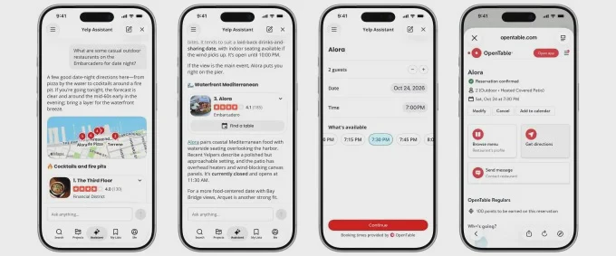 Giao diện trợ lý Yelp hiển thị đặt bàn và thông tin thời tiết