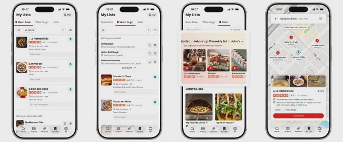 Giao diện danh sách địa điểm đã đến và muốn ghé trên Yelp