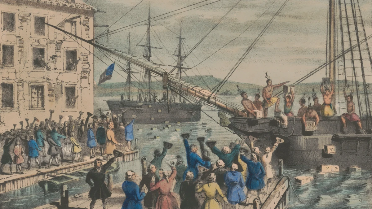 Tranh mô tả người biểu tình đổ trà xuống cảng Boston