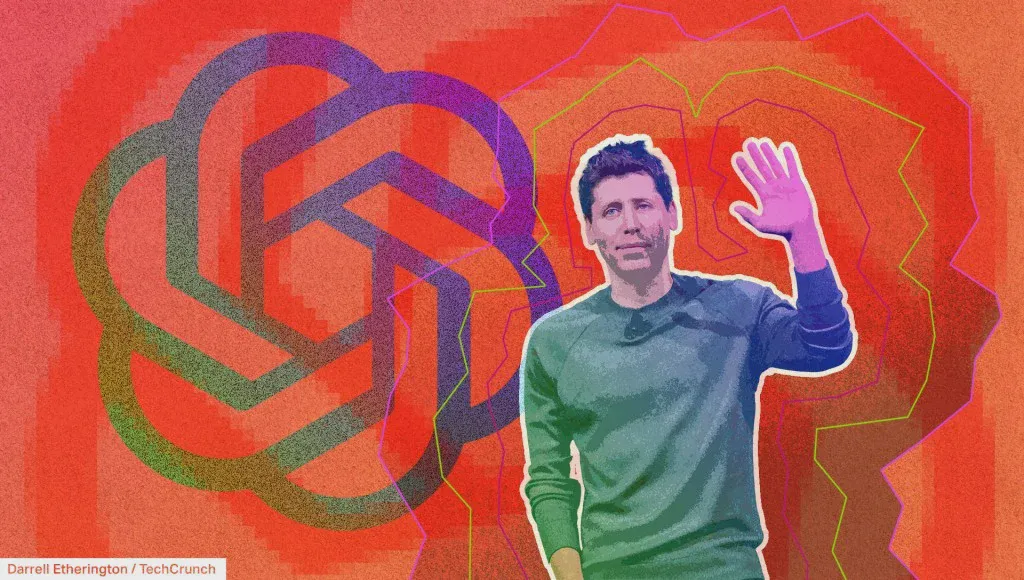 Sam Altman đứng trước biểu trưng OpenAI trong hình minh họa